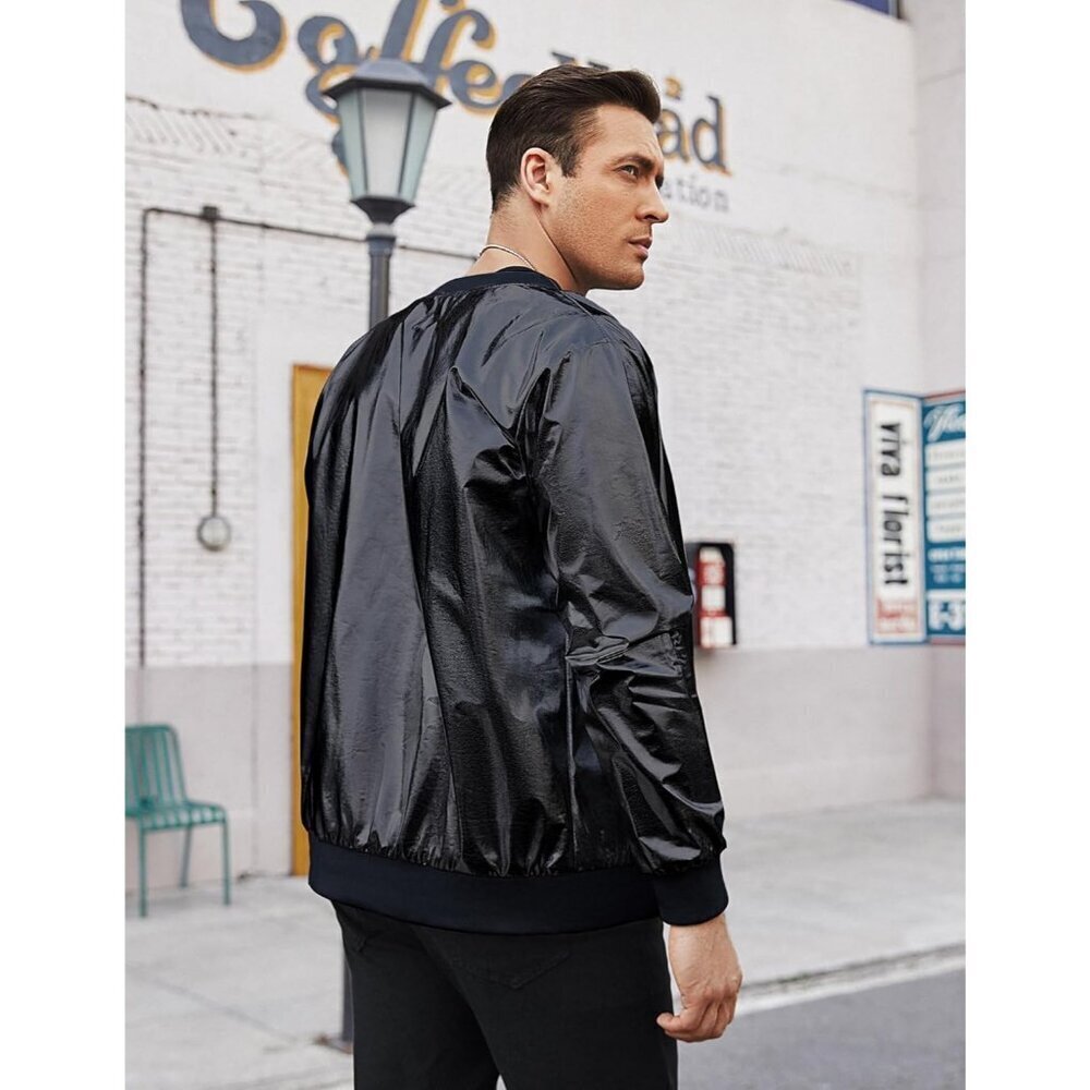 Men's Black Shiny Fabric Varsity Bomber Jacket Metallic Style Zipper Shirts - Picture 3 of 5